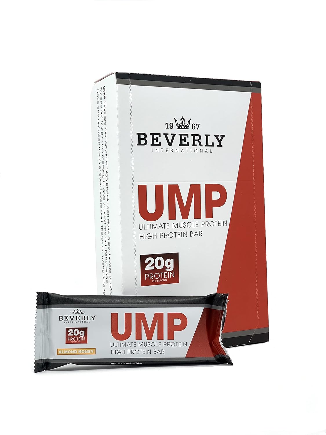 Beverly International Ump High Protein Bars - Almond Honey, 20G Of Protein, 8G Fiber. All Natural Gourmet Ingredients. Soy Free Bar, 12 Pack