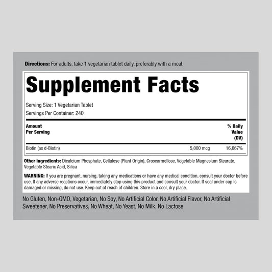 Piping Rock Biotin 5000mcg | 240 Tablets | Beauty Vitamin Supplement | Vegetarian, Non-GMO, Gluten Free