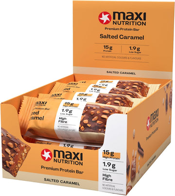 MaxiNutrition Premium Protein Bar - High Protein Snack - Low in Sugar - 15g Protein - Salted Caramel, Under 190 kcal per Serving, 12 x 45g