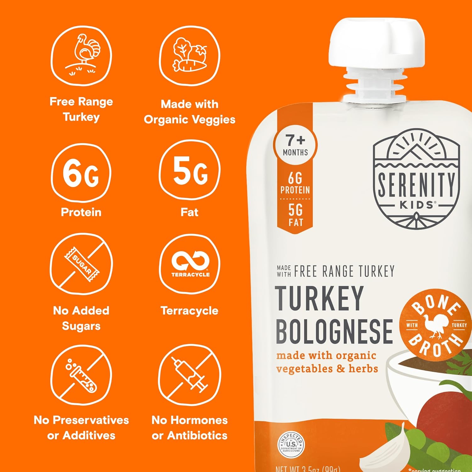 Serenity Kids 7+ Month Bone Broth Puree Made With Organic Veggies - Clean Label Project Purity Award Certified - Bpa-Free Pouch - 3.5 Oz Free Range Turkey Bolognese - 12 Count Baby Food Turkey Puree