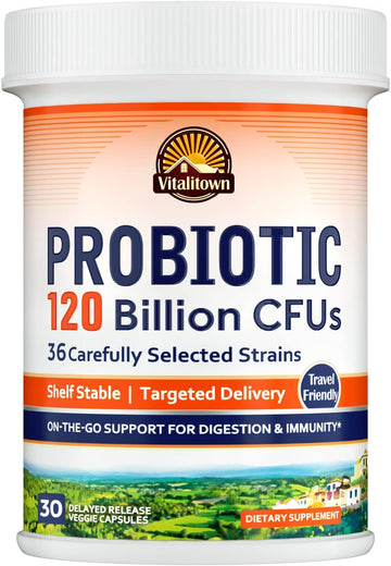 Vitalitown Probiotics 120 Billion Cfus, 36 Strains, Prebiotics, Digestive Enzymes For Men Women, Delayed Release, Shelf Stable, On The Go Digestive Support, 30 Veg Caps