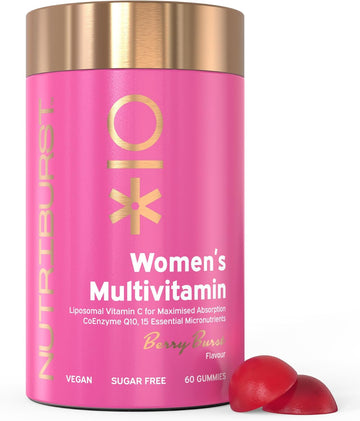Nutriburst Women’S Multivitamin - Hormone Regulation & Support Collagen Formation - Contains 15 Micronutrients; B5, B6, B12, C, D - Vegan, Sugar Free Supplement - 60 Berry Gummies - 1 Month Supply