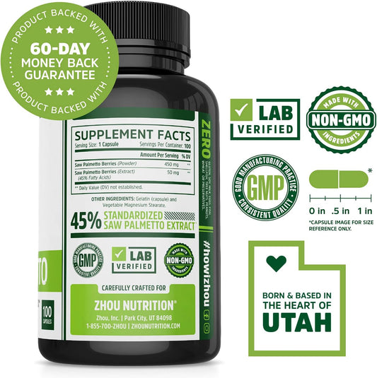 Zhou Nutrition Saw Palmetto Extract 500 mg, Prostate Health, Urinary Tract Support, DHT Blocker for Men and Women Hair Growth, Non-GMO, 100 Capsules (Packaging may vary)