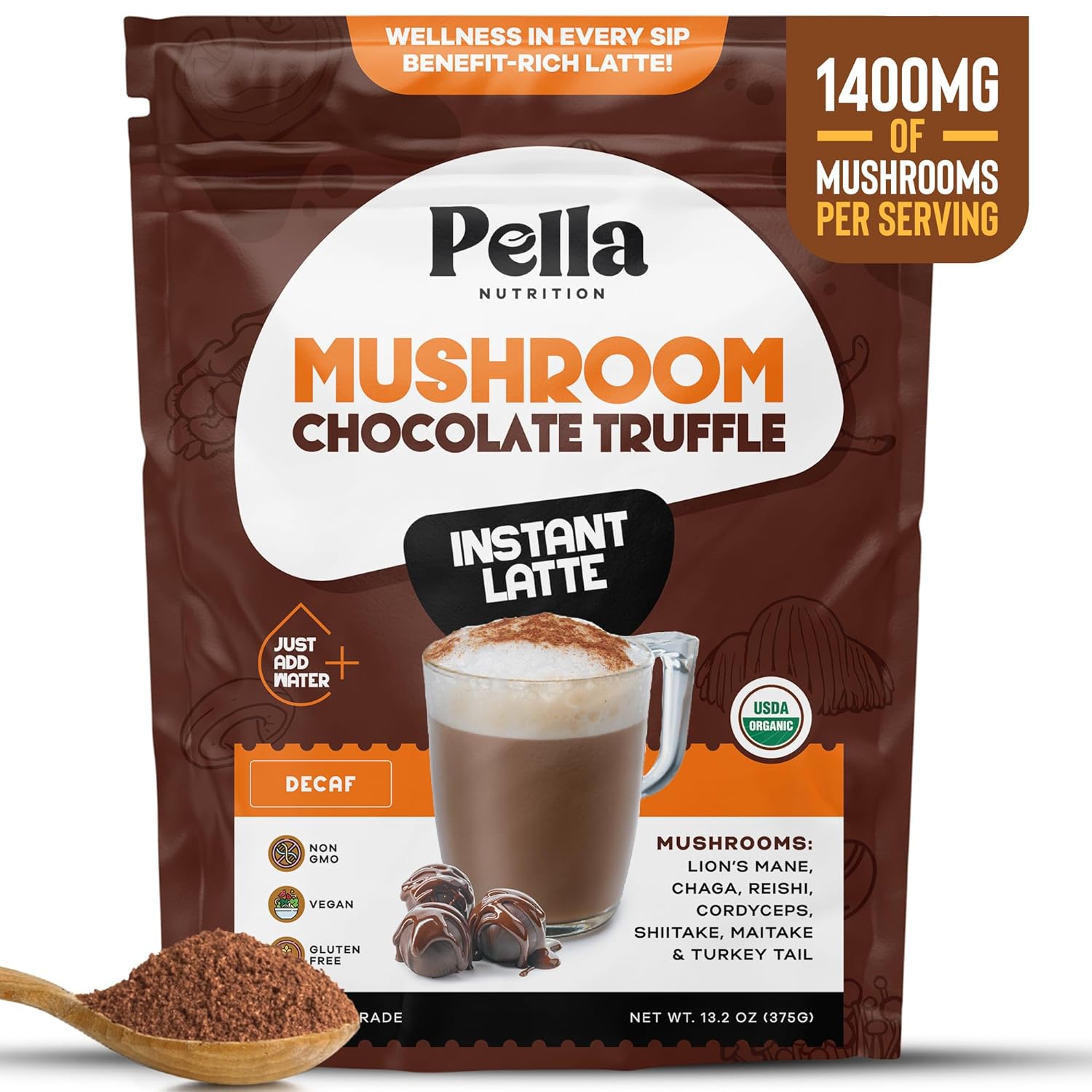 Organic Chocolate Truffle Instant Latte with 7 Mushroom Blend - Vegan, Non-GMO, Mushroom Coffee Organic - Reishi, Chaga, Lion's Mane, Turkey Tail - Mushroom Latte Supplement, Caffeine-Free, 15 Servings