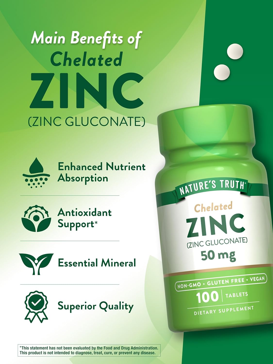 Nature's Truth Chelated Zinc 50mg | 100 Tablets | Essential Mineral Supplement | from Zinc Gluconate | Vegetarian, Non-GMO, Gluten Free : Health & Household