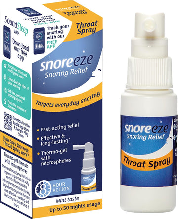 Snoreeze Anti-Snoring Throat Spray - Effective Snoring Aids For Men & Women - Fast Acting Lubricating Thermo Gel - Snore Stopper To Use With Mobile App - 23,5Ml, 50 Nights Use