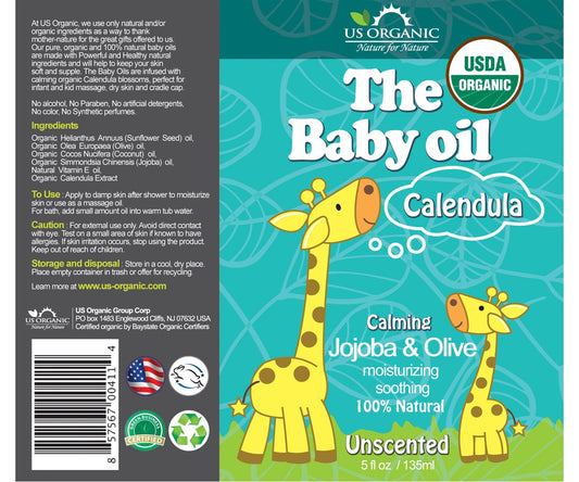 US Organic Baby Oil with Calendula, Jojoba and Olive Oil with Vitamin E, USDA Certified Organic, No Alcohol, Paraben, Artificial Detergents, Color, Synthetic Perfumes, 5 fl. Oz (Pure Unscented)