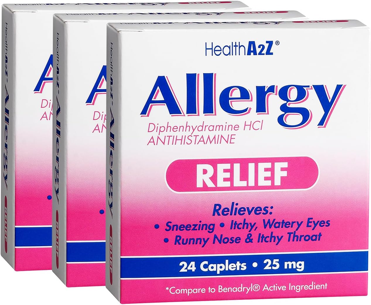 Healtha2Z Allergy Relief, Diphenhydramine HCl 25mg, Antihistamine Tablets, 3 Pack – Itchy Throat, Sneezing & Runny Nose Relief