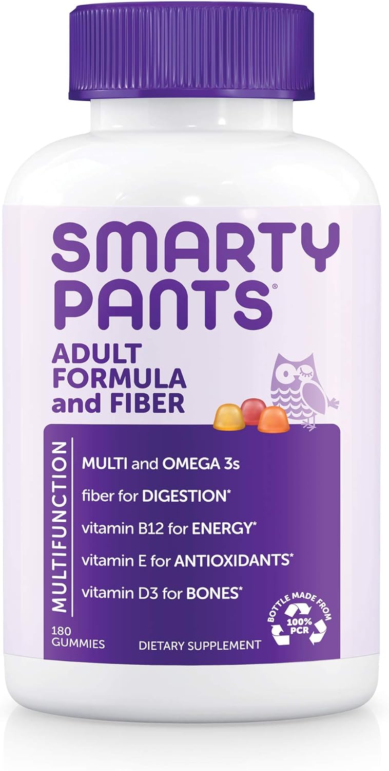 Smartypants Daily Gummy Multivitamin Adult W/ Fiber: Fiber For Digestive Support, Vitamin C, D3, & Zinc For Immunity, Omega 3 Fish Oil, Vitamin B6, E, B12, 180 Count (30 Day Supply)