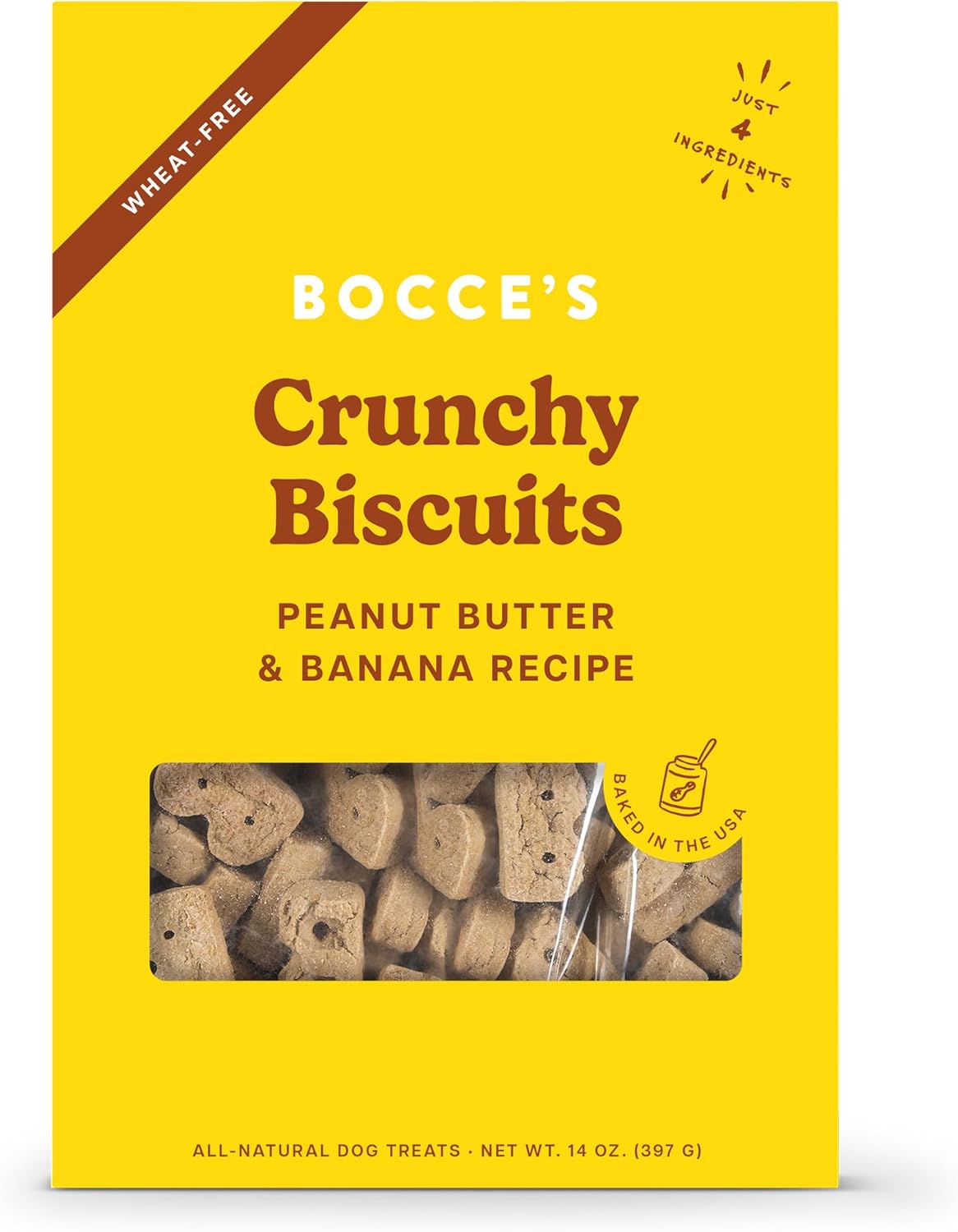 Bocce'S Bakery Oven Baked Pb & Banana Recipe Treats For Dogs, Wheat-Free Dog Treats, Made With Real Ingredients, Baked In The Usa, All-Natural Peanut Butter & Banana Biscuits, 14 Oz