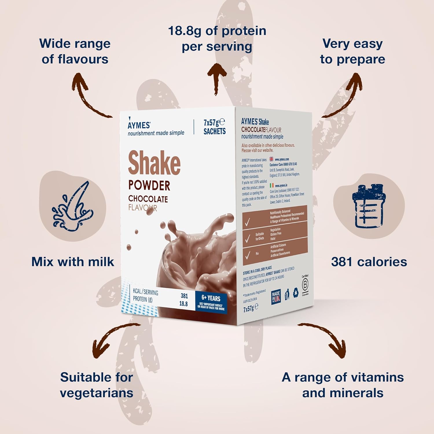 Aymes - High Protein Nutritional Powder Shakes - Chocolate - 7 Servings - Milkshake-Style Drink Mix - Gluten Free, Vegetarian, Halal & Kosher Suitable - For Ages 3+ And Adults