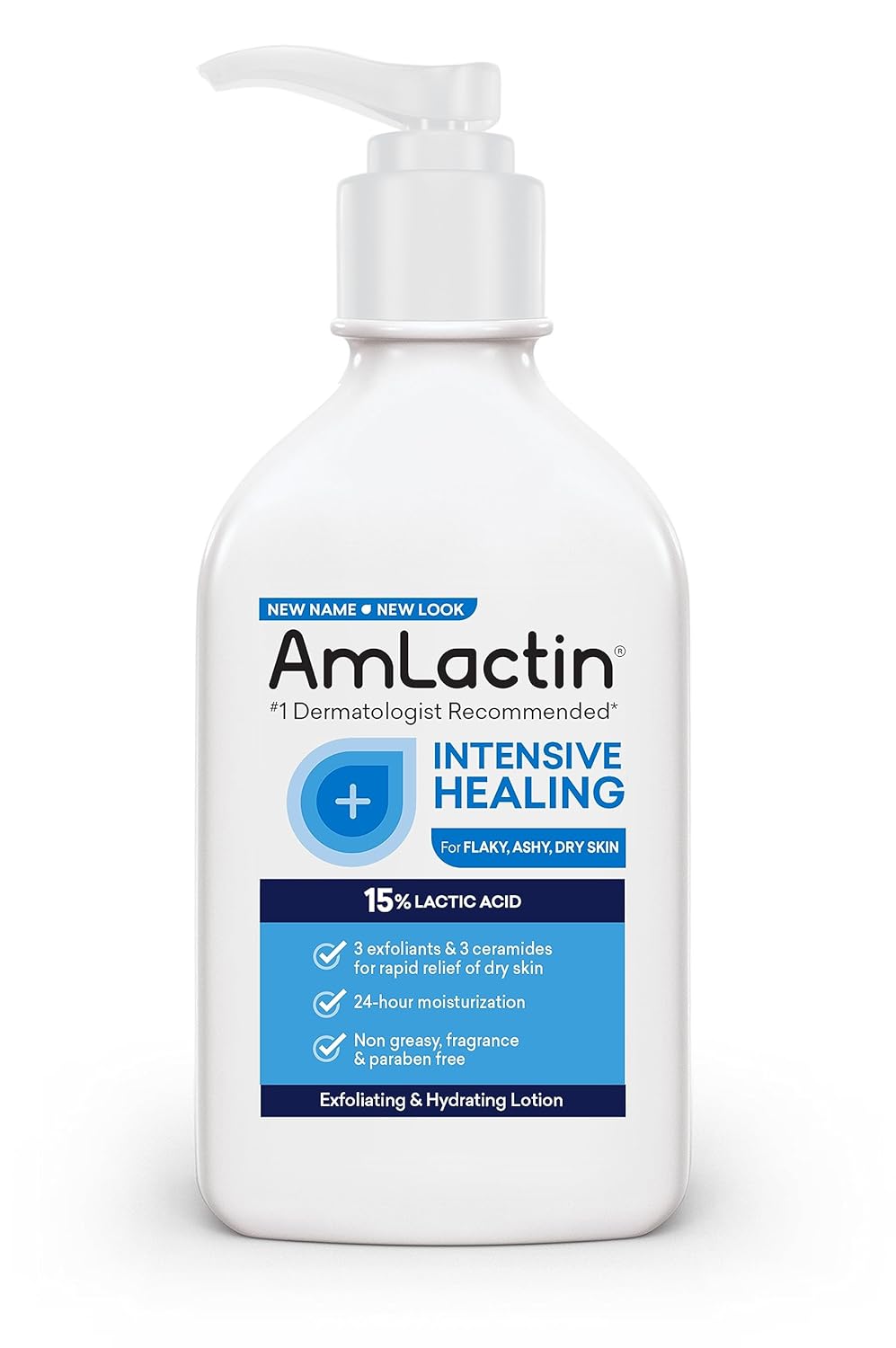 AmLactin Intensive Healing Body Lotion for Dry Skin – 7.9 oz Pump Bottle – 2-in-1 Exfoliator and Moisturizer with Ceramides and 15% Lactic Acid for 24-Hour Relief from Dry Skin