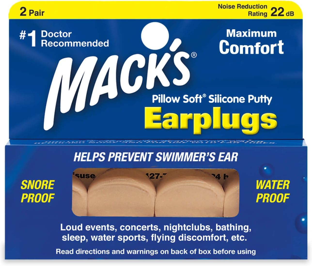 Mack's Pillow Soft Silicone Earplugs ? 2 Pair, Beige ? The Original Moldable Silicone Putty Ear Plugs for Sleeping, Snoring, Swimming, Travel, Concerts and Studying | Made in USA