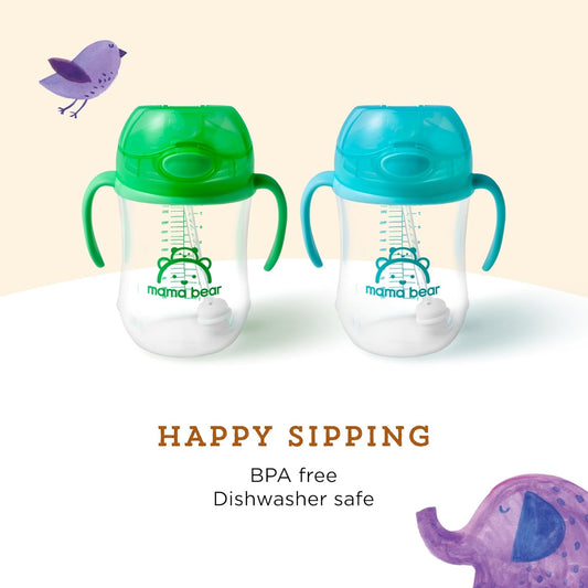 Amazon Brand - Mama Bear Silicone Weighted Straw Sippy Cup, 9 Ounces, Pack Of 2, Blue/Green