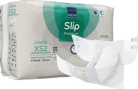 Abena Slip Premium Junior Nappies, Eco-Labelled Nappy Pants, Enhanced Leakage Protection, Secure & Comfortable Nappy Pants For Children - Size 7 / XS2, 40-60cm Waist Age 5-15, 1x 32PK