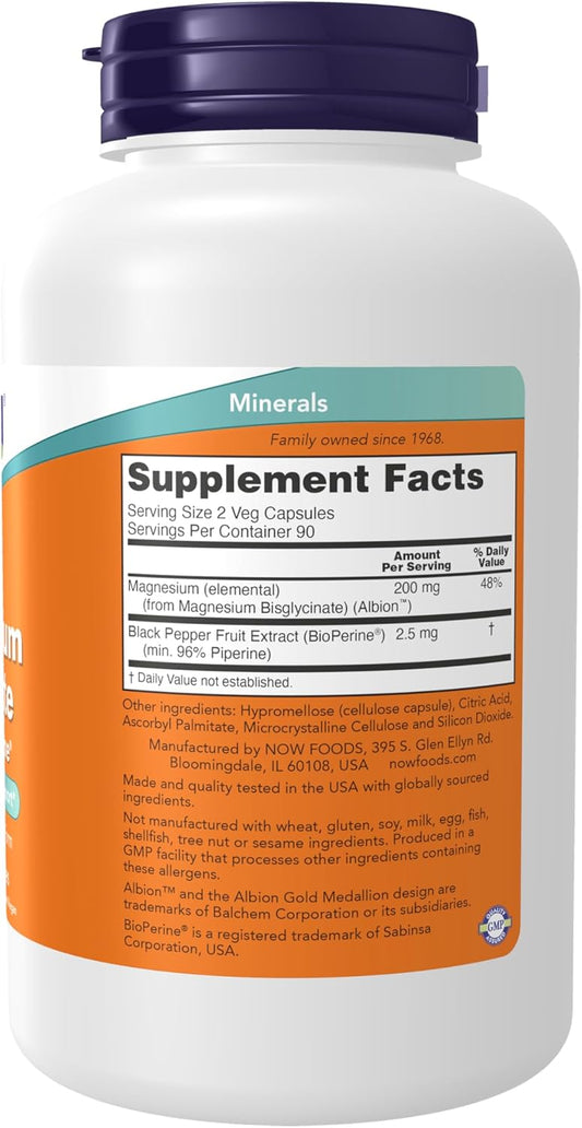 Now Supplements, Magnesium Glycinate With Bioperine, 180 Veg Capsules