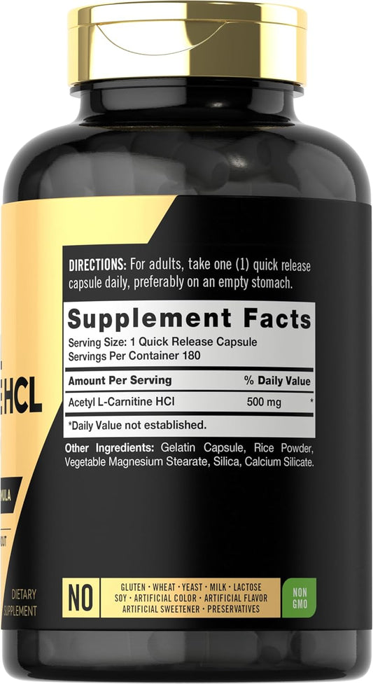 Carlyle Acetyl L-Carnitine Hcl | 500Mg | 180 Count | Non- Gmo And Gluten Free Supplement