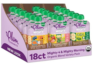 Plum Organics Mighty 4 And Mighty Morning Organic Toddler Food - 4 Food Group Blend Variety Pack - 4 Oz Pouch (Pack Of 18) - Organic Fruit And Vegetable Toddler Food Pouch