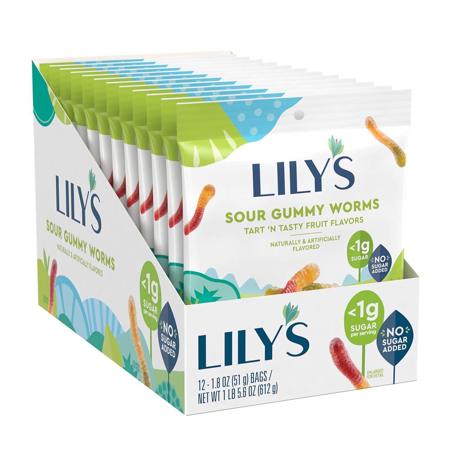 Lily'S Assorted Fruit Flavored No Sugar Added, Sour Gummy Worms Bags, 1.8 Oz (12 Count)