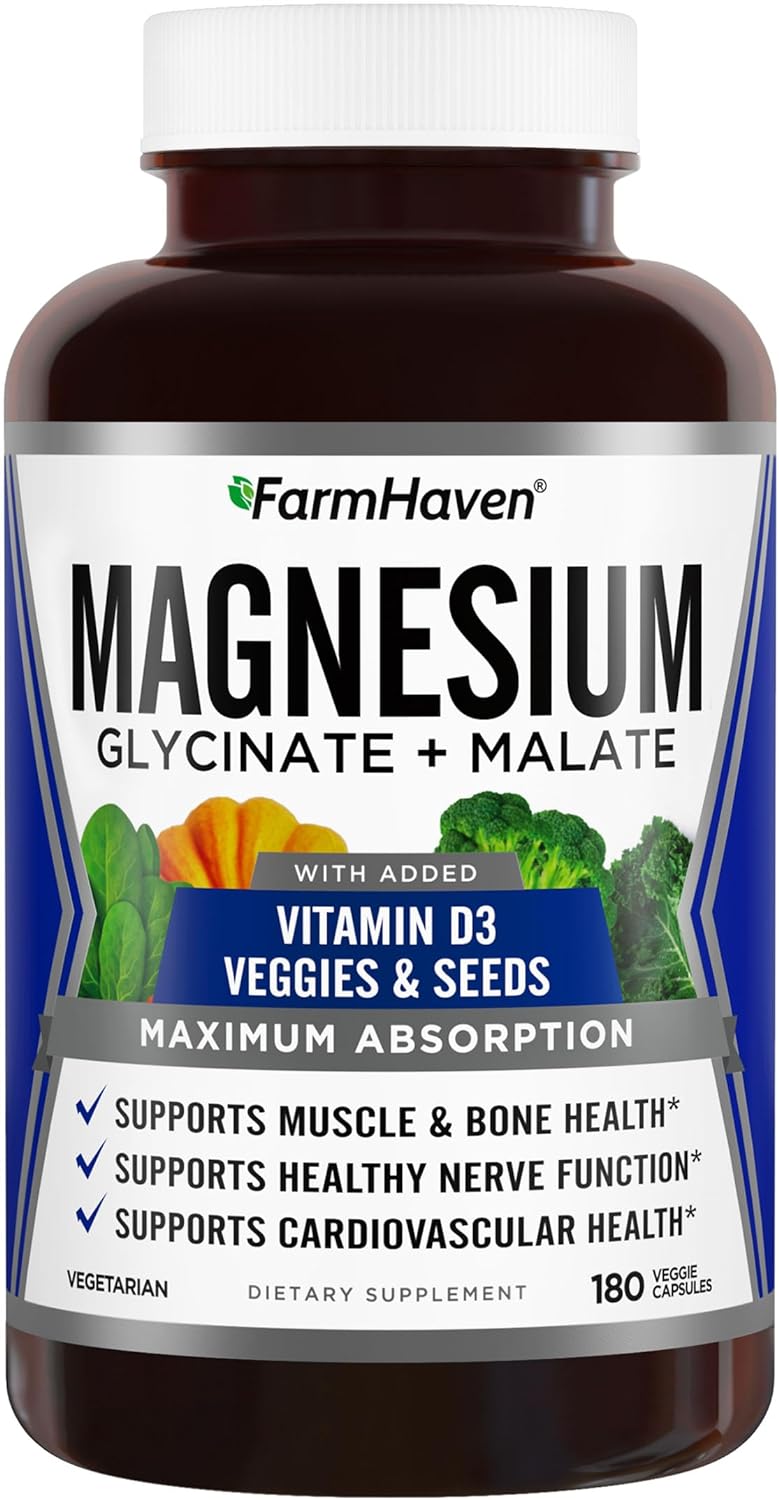 FarmHaven Magnesium Glycinate & Malate Complex w/Vitamin D3, 100% Chelated for Max Absorption, Vegetarian ? Bone Health, Nerves, Muscles, 180 Capsules, 90 Days