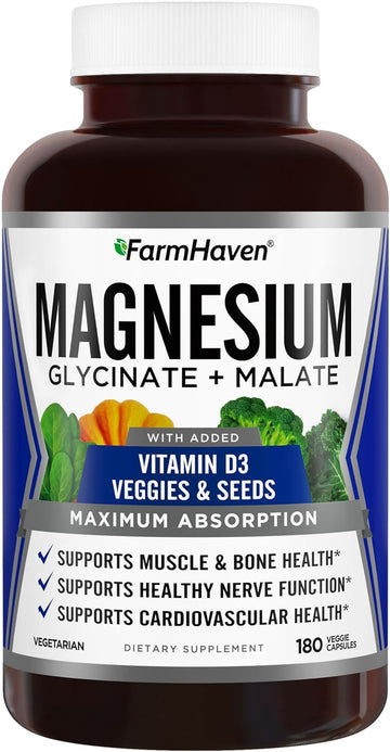 FarmHaven Magnesium Glycinate & Malate Complex w/Vitamin D3, 100% Chelated for Max Absorption, Vegetarian ? Bone Health, Nerves, Muscles, 180 Capsules, 90 Days