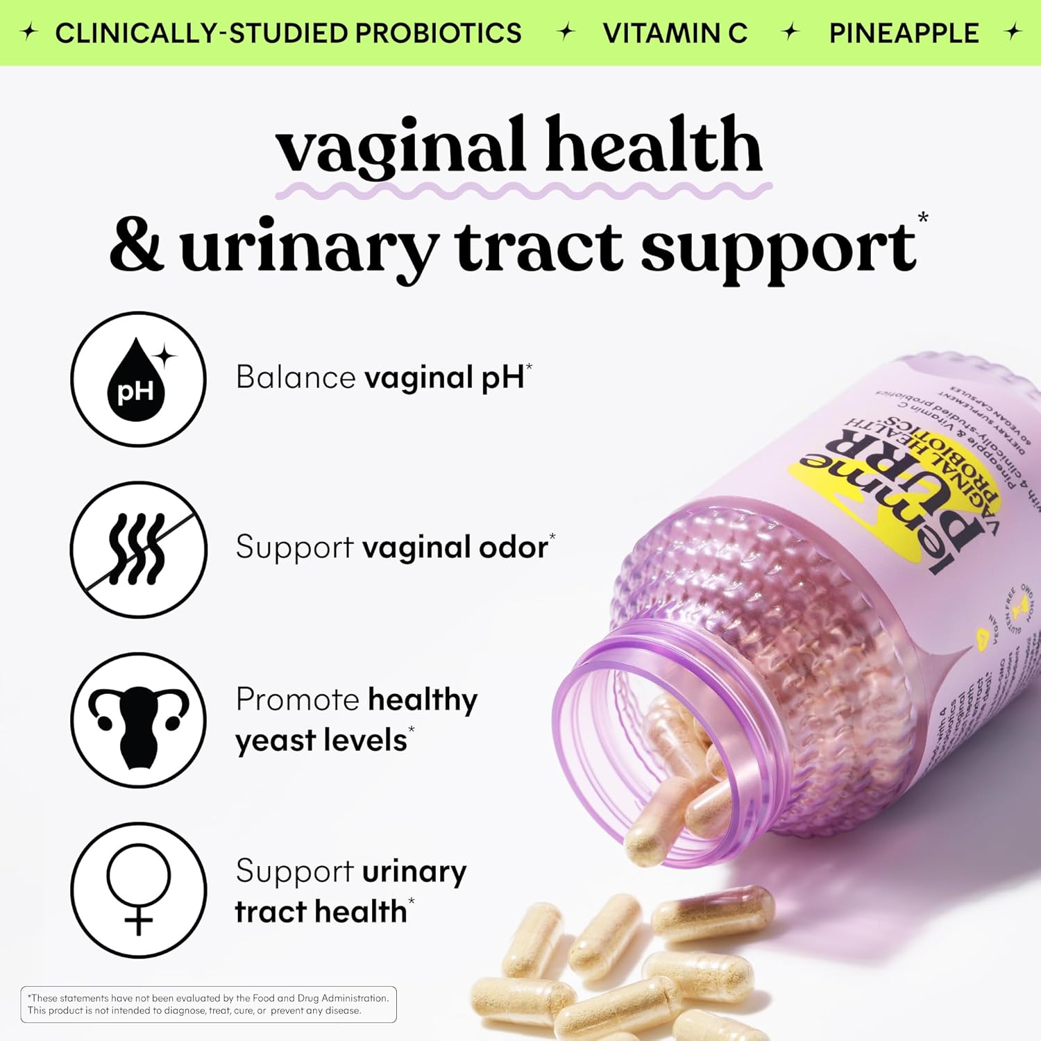 Lemme Purr Vaginal Probiotics For Women - Promotes Ph Balance, Healthy Vaginal Odor & Urinary Tract Health W/Lactobacillus Blend, Clinically Tested Strains, Pineapple & Vitamin C - 60 Veggie Capsules