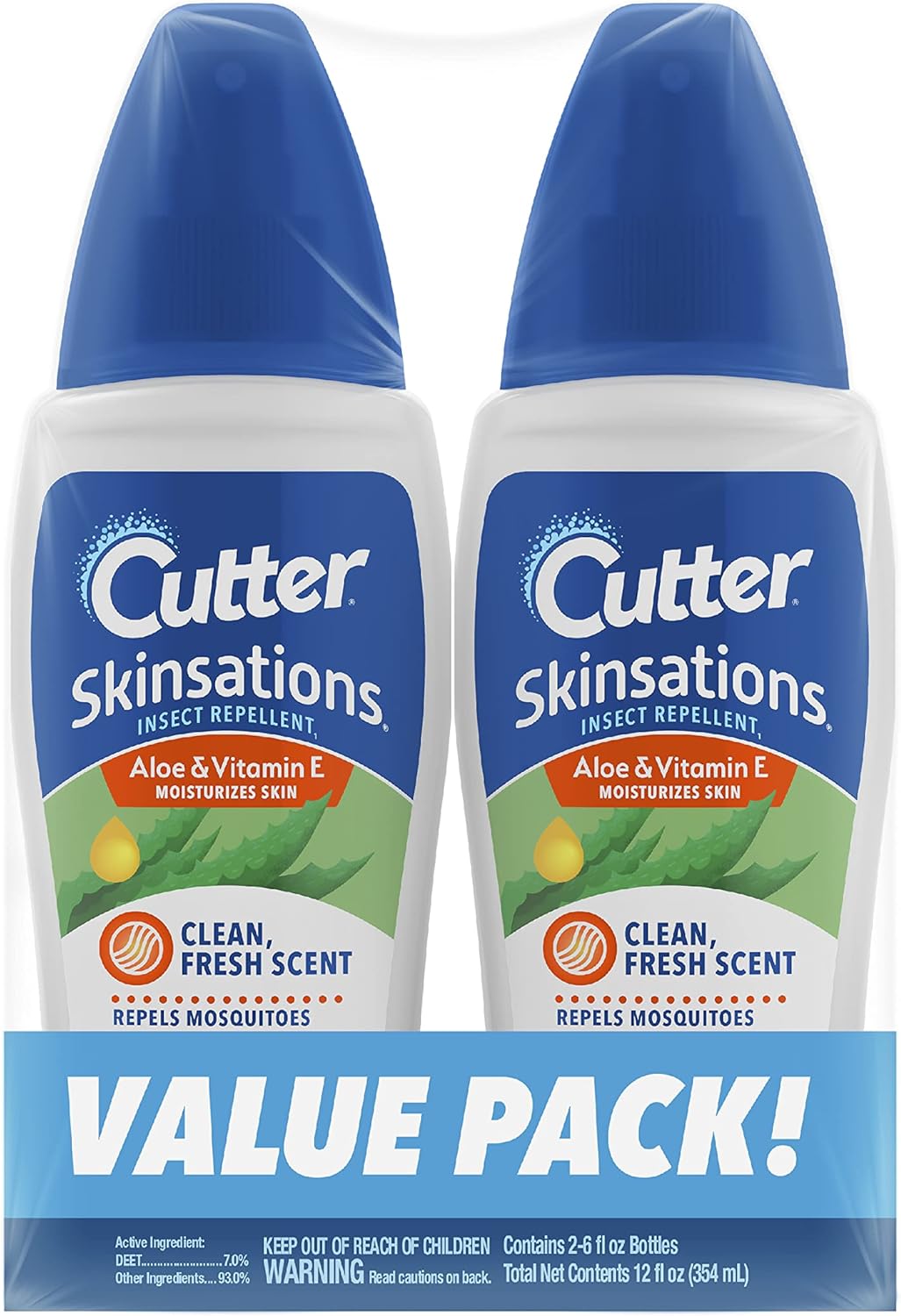 Cutter Skinsations Insect Repellent, Repels Mosquitos, Ticks, Gnats, Fleas, 7% Deet, 2 Pack, 6 Fl Ounce (Pump Spray)