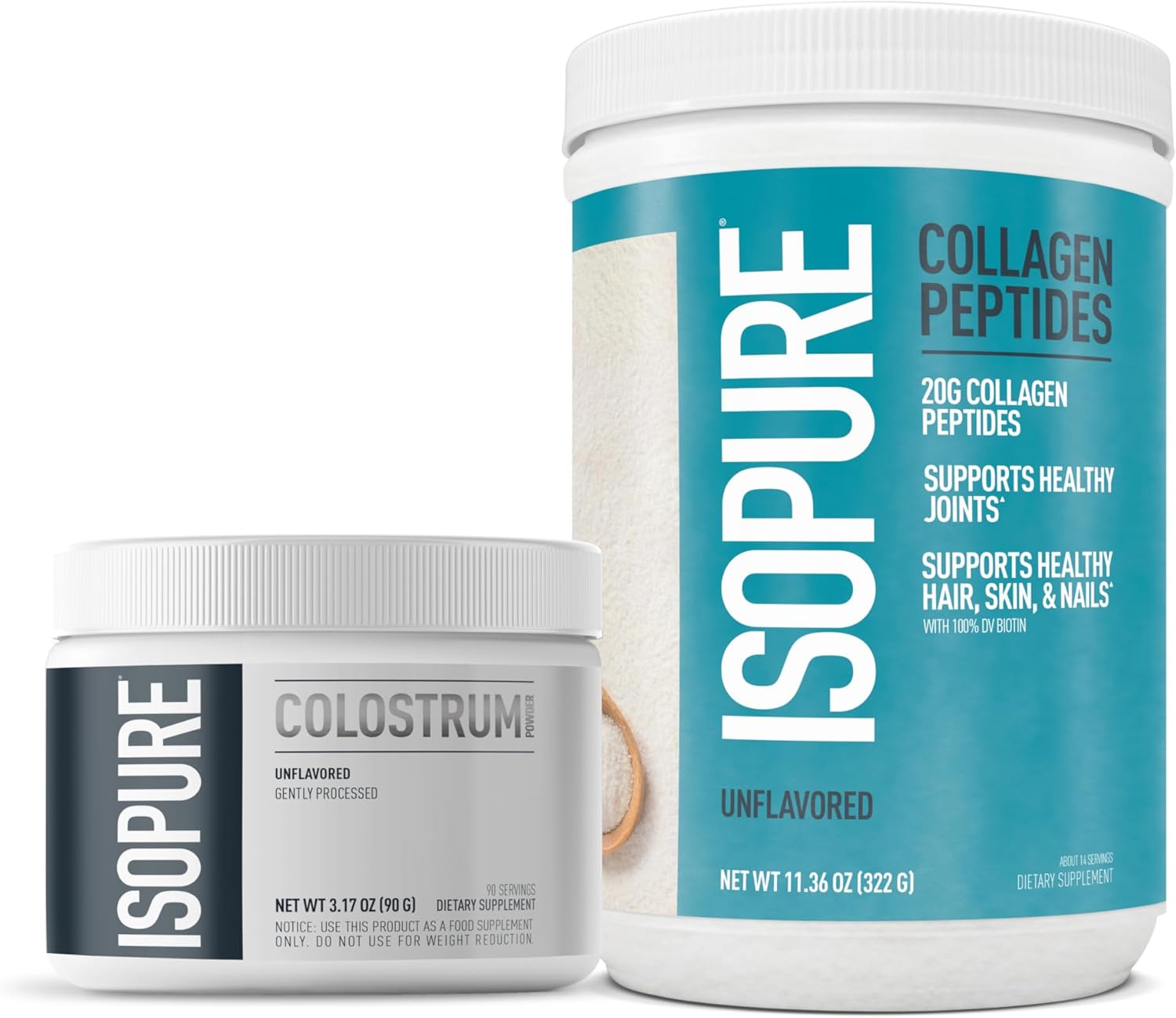 Bundle Of Isopure Bovine Colostrum Supplement Powder, Gently Processed, 90 Servings + Isopure Collagen Peptides Powder,14 Servings, Unflavored, With Vitamin C, With Biotin
