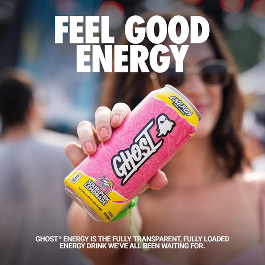 Ghost Energy Drink - 12-Pack, Sour Pink Lemonade, 16Oz Cans - Energy & Focus & No Artificial Colors - 200Mg Of Natural Caffeine, L-Carnitine & Taurine - Gluten-Free & Vegan