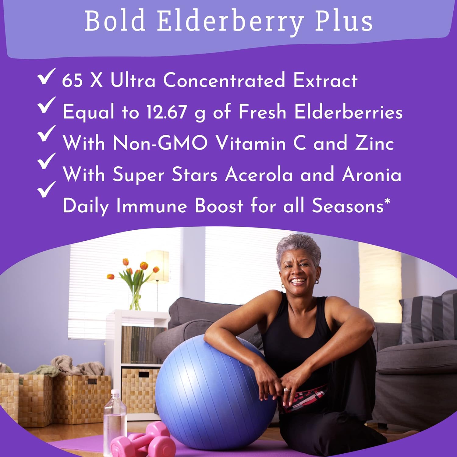 Bold Botanica Elderberry Plus - 65x Concentrated Black Elderberry Extract with Zinc & Vitamin C for Daily Immune Support & Seasonal Wellness - Non-GMO, 30 Vegan Capsules : Health & Household