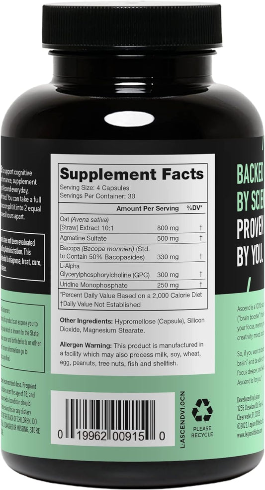 LEGION Athletics Ascend Nootropic - All-Natural Brain Supplements for Memory and Focus - Nootropics Brain Support Supplement with Alpha-GPC - Brain Supplement for Alertness & Mood Support, 30 Servings