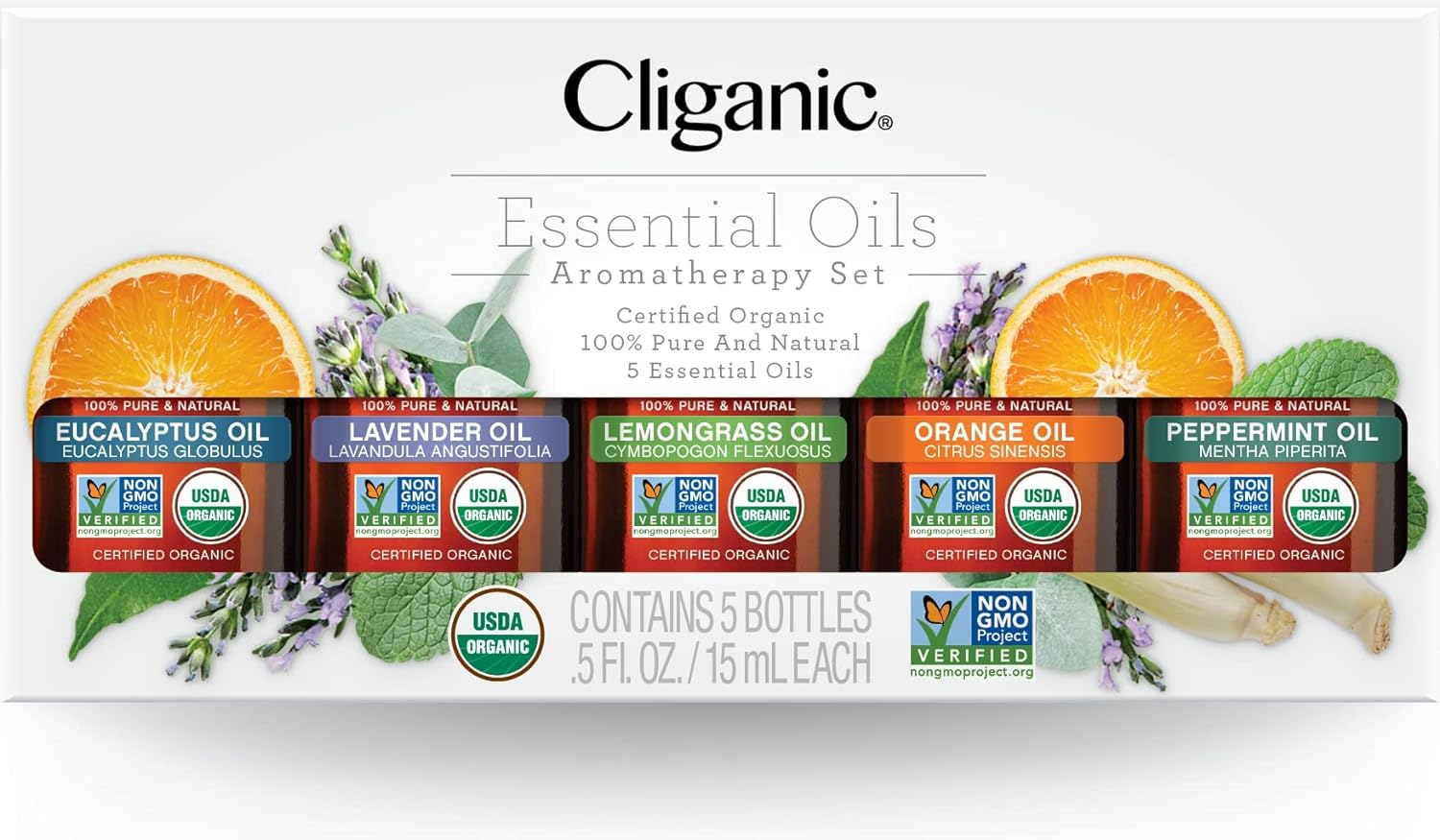 Cliganic Organic Essential Oils Set (Top 5 X 15Ml) - 100% Pure Natural - Aromatherapy, Candle Making - Peppermint, Lavender, Eucalyptus, Lemongrass & Orange