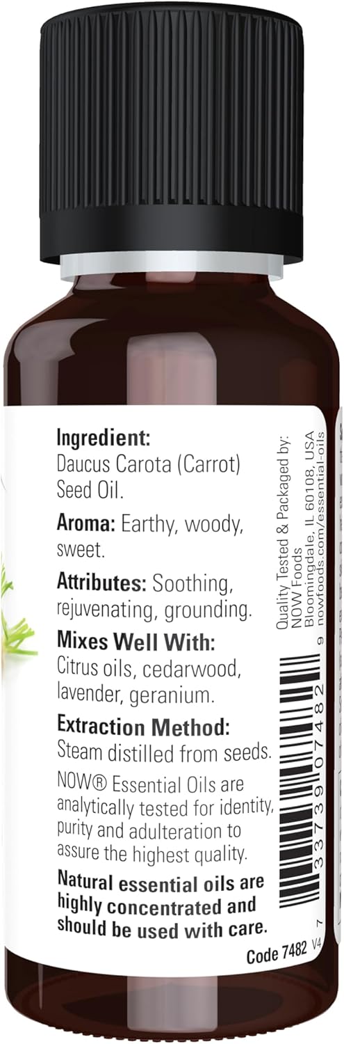 Now Essential Oils, Carrot Seed Oil, Grounding Aromatherapy Scent, Steam Distilled, 100% Pure, Vegan, Child Resistant Cap, 1-Ounce