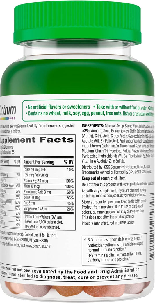 Centrum MultiGummies Gummy Multivitamin for Adults, Multivitamin/Multimineral Supplement with Vitamins D, B and E, Assorted Fruit avor - 110 Count