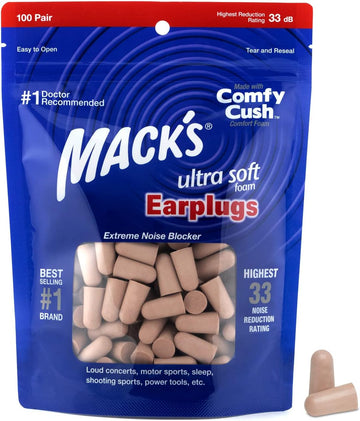 Mack's Ultra Soft Foam Earplugs, 100 Pair Bag - 33dB Highest NRR, Comfortable Ear Plugs for Sleeping, Snoring, Travel, Concerts, Studying and Loud Noise | Made in USA