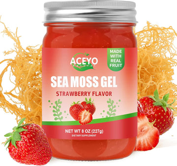 (8 Oz) Natural Sea Moss Gel Organic Raw Strawberry Flavor Irish Seamoss Gel Vegan Women Men 102 Vitamins And Minerals Wild Harvested Non-Gmo Immune Defense Booster Lung Thyroid Digestive Support