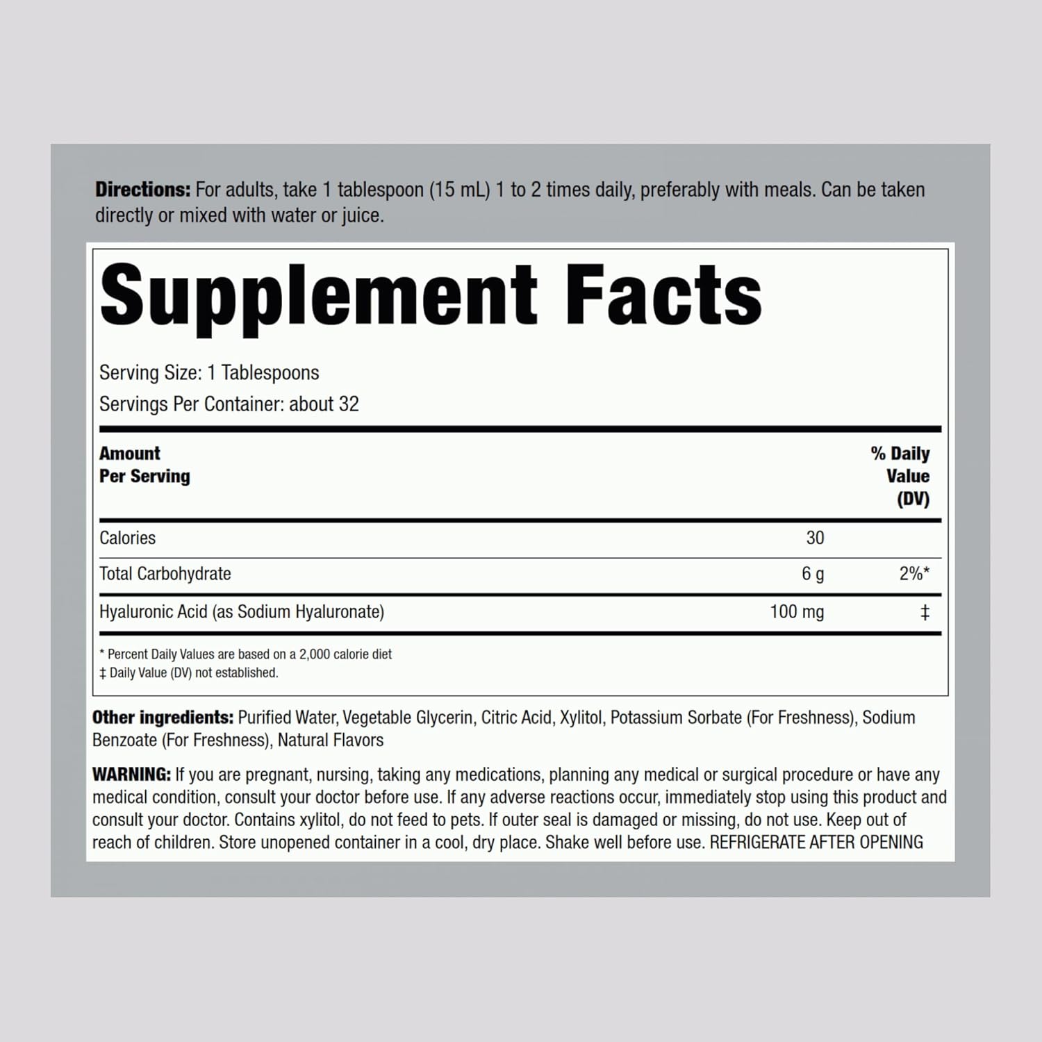 Piping Rock Hyaluronic Acid Supplements 100mg | 16 fl oz | Liquid Supplement | Mixed Berry Flavor | Vegetarian, Non-GMO, Gluten Free : Health & Household