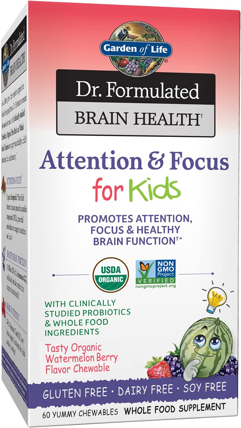 Garden of Life Dr. Formulated Attention and Focus for Kids, Supplement Promotes Healthy Brain Function, Concentration with Organic Wild Blueberry, Pine Bark, Vitamin C, D and Probiotics, 60 Count