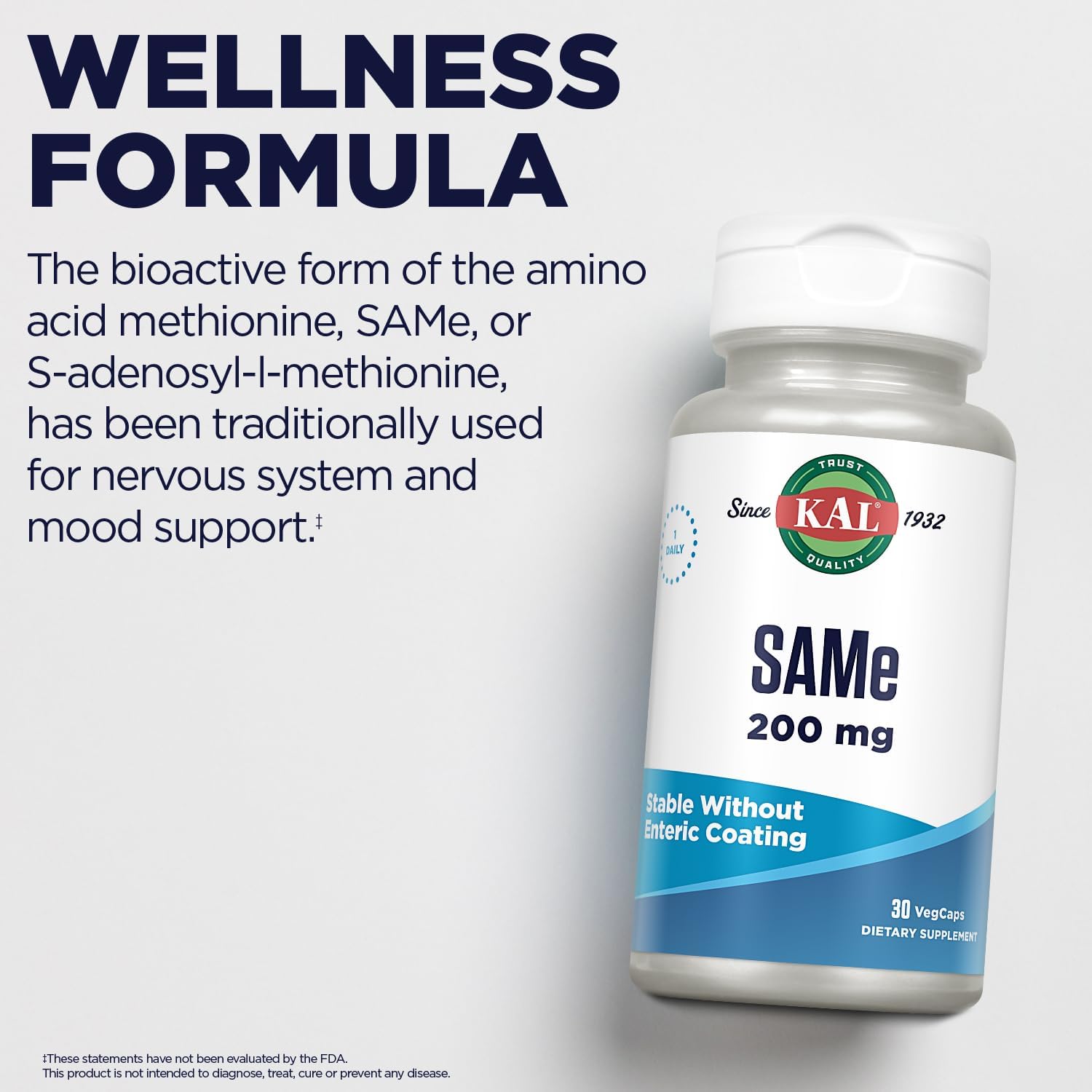 KAL Same 200mg (S-adenosyl-L-methionine), Nervous System, Wellbeing and Mood Support Supplement, Enhanced Absorption, No Enteric Coating Needed, Vegetarian, 60-Day Guarantee, 30 Serv, 30 VegCaps : Health & Household