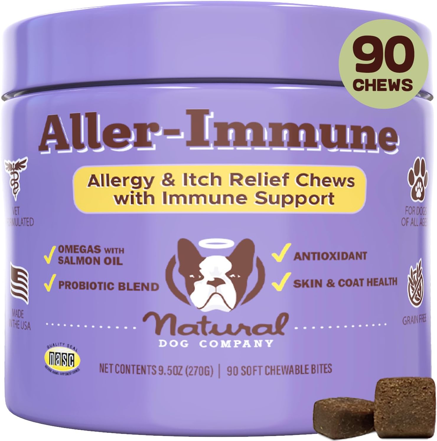Natural Dog Company Aller-Immune Chews (90 Pieces), Turkey Flavor, Canine-Specific Probiotics, Allergy Immune Supplement For Dogs, Boosts Immune System, Antioxidant, Itch Relief For Dogs