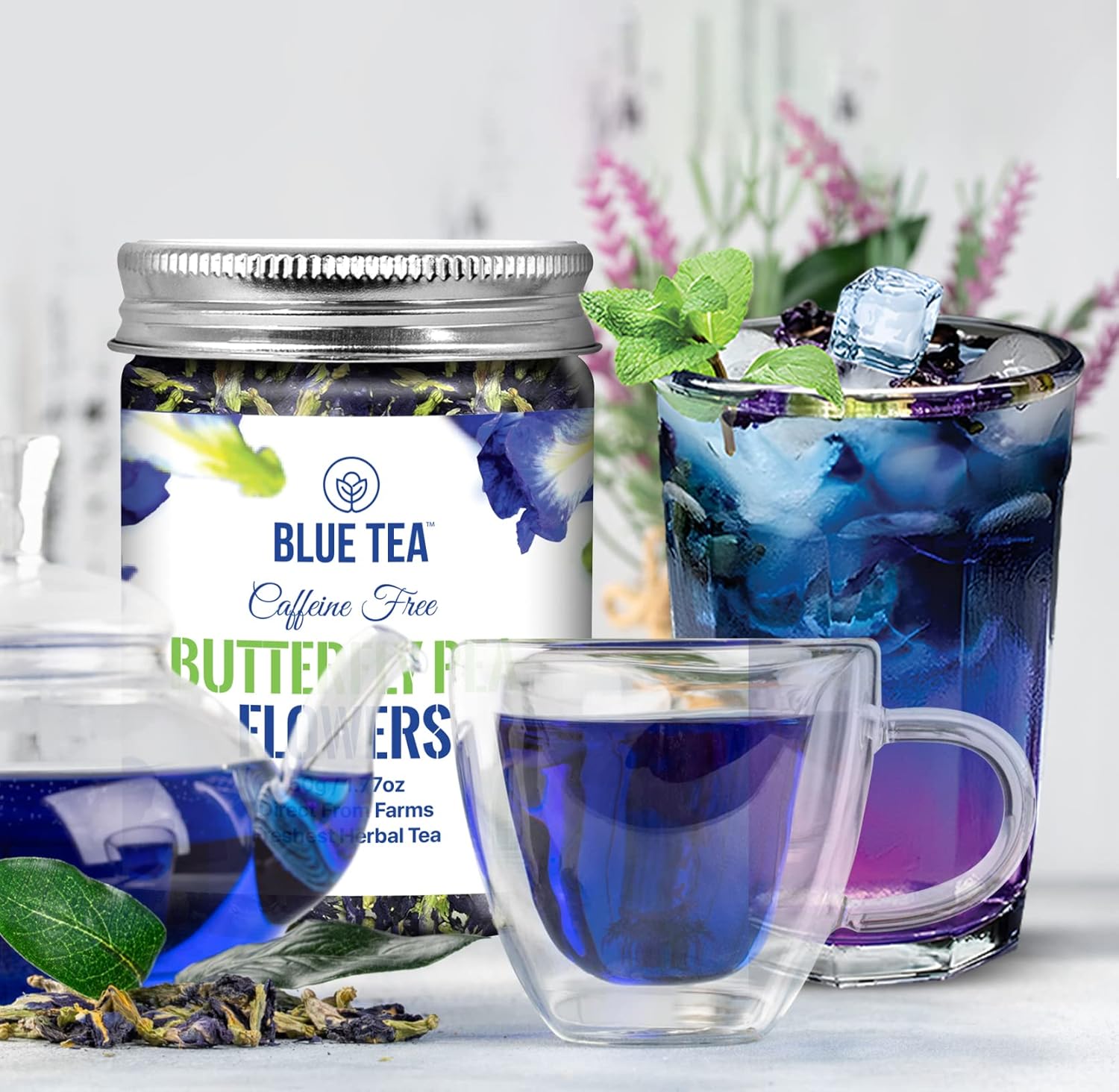 Blue Tea - Combo Pack- Butterfly Pea Flower Tea (1.76Oz) & Hibiscus Flower Tea (3.5Oz) | Detox Tea | Natural Ingredients - Flower Based - Herbal Tea - Vegan - Caffeine Free | Pet Jar Packaging