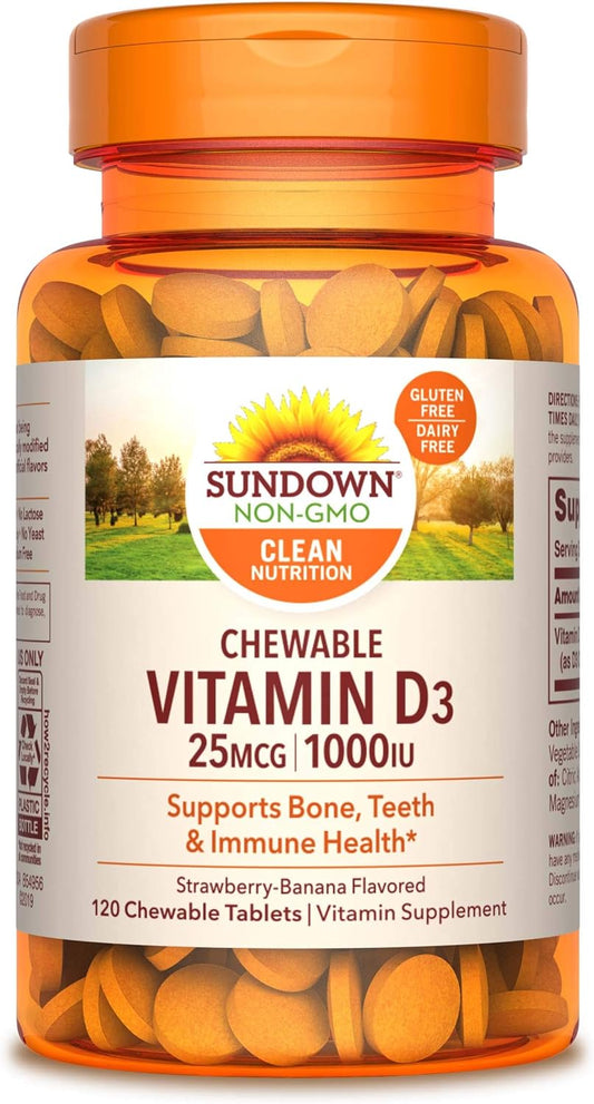 Sundown Chewable Vitamin D3 1000 IU, Supports Bone, Teeth, and Immune Health, 120 Tablets (Pack of 3) (Packaging May Vary) : Health & Household