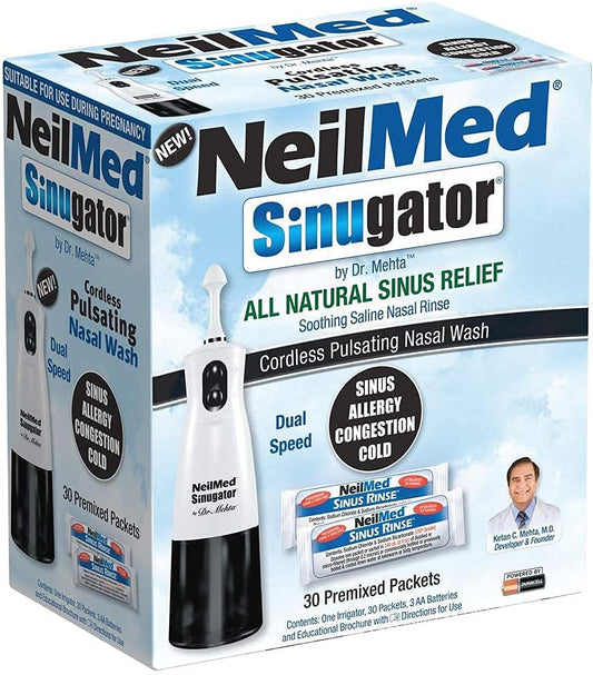 NeilMed Sinugator Cordless Pulsating Nasal Irrigator (Dual Speed) with 30 Premixed Packets and 3 AA Batteries - Black