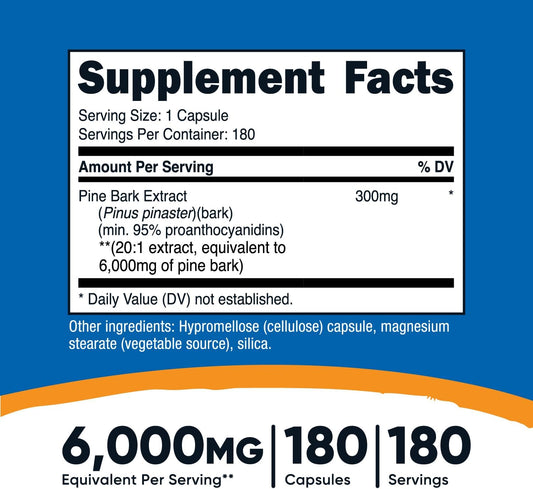 Nutricost Pine Bark Extract 6000Mg Equivalent, 180 Capsules, 300Mg Standardized To Contain 95% Proanthocyanidins - Vegetarian, Non-Gmo And Gluten Free
