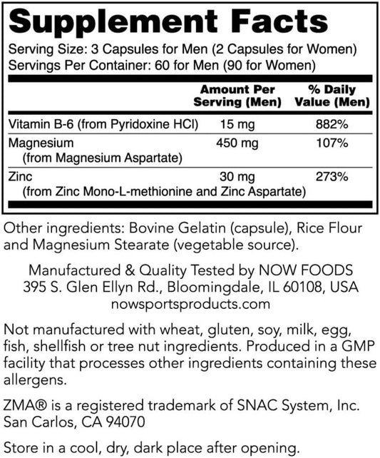 Now Foods Sports Nutrition, Zma (Zinc, Magnesium And Vitamin B-6), Enhanced Absorption, Sports Recovery*, 180 Capsules