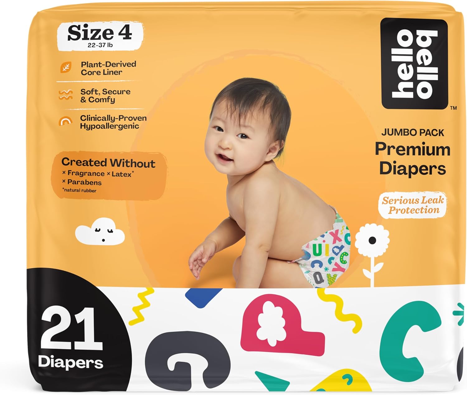 Hello Bello Premium Baby Diapers Size 4 I 21 Count Of Disposeable, Extra-Absorbent, Hypoallergenic Baby Diapers With Snug And Comfort Fit I Alphabet Soup