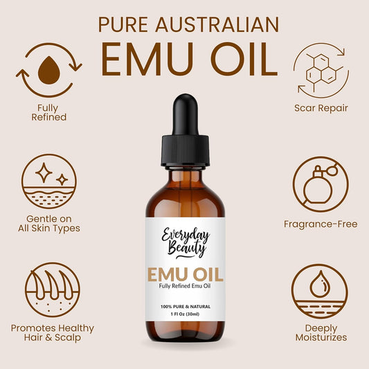 Pure Australian Emu Oil - All Natural 6X Refined For Face, Skin And Hair - Highly Effective Hydration For Sensitive Skin & Hair Growth Perfect For Scars & Blemishes - 1 Fl Oz Glass Bottle & Dropper