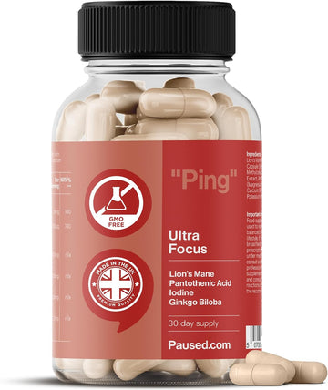 Paused Ultra Focus, Mind & Memory Supplement - 60 Capsules | 1 Month Supply Cognitive Enhancer With Lion'S Mane & Iodine | Boosts Energy, Improves Mood & Mental Performance | Vegan & Gluten-Free | Uk