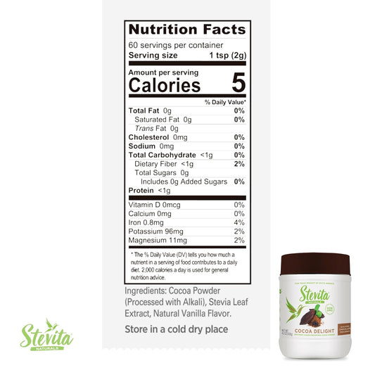 Stevita Cocoa Delight - 4.2 Oz - Natural Cocoa Powder With Stevia - For Hot Cocoa, Smoothies, Desserts & Recipes - Non-Gmo, Vegan, Keto, Paleo, Gluten Free - 60 Servings