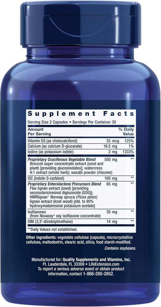 Life Extension Breast Health Formula – Supplement for Women for Healthy Estrogen Support with Vitamin D, Cruciferous Vegetable Extract, I3C & More – Gluten-Free, Non-GMO – 60 Capsules